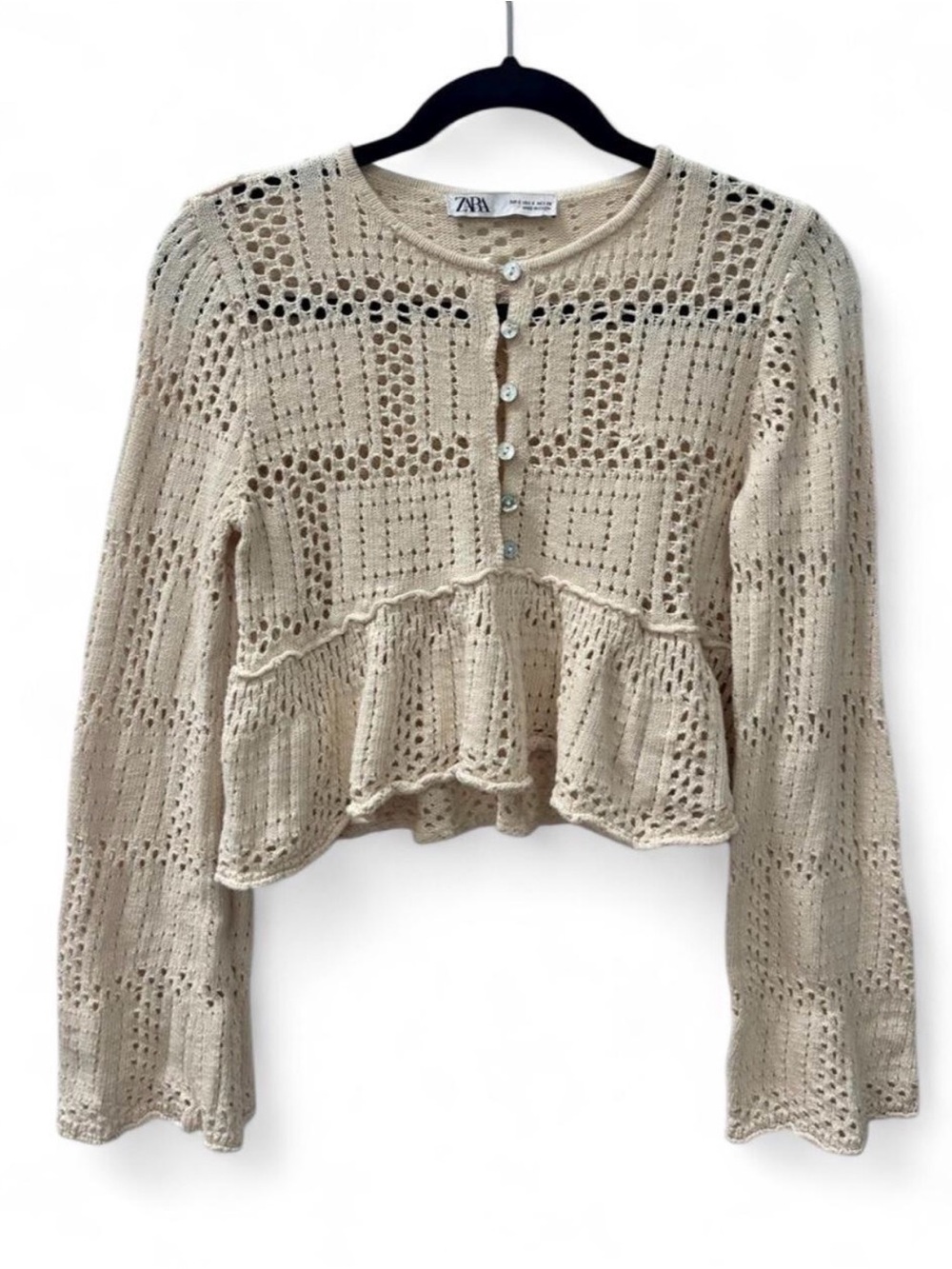 Zara Knit Crochet Peplum Button-Up Cardigan Top Sweater in Cream size S like new